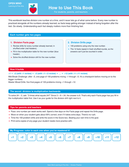 Division Mastery Workbook | Divisors 1–12