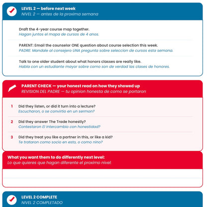 Level Up — The Middle-to-High School Family Workshop (Bilingual Digital Workbook + Parent’s College Playbook)